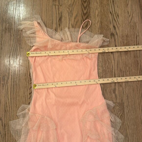 AMERICAN RETRO Peach Ruffle One-Shoulder Dress 80s Prom Flapper Tulle Polka Dot - Picture 10 of 11